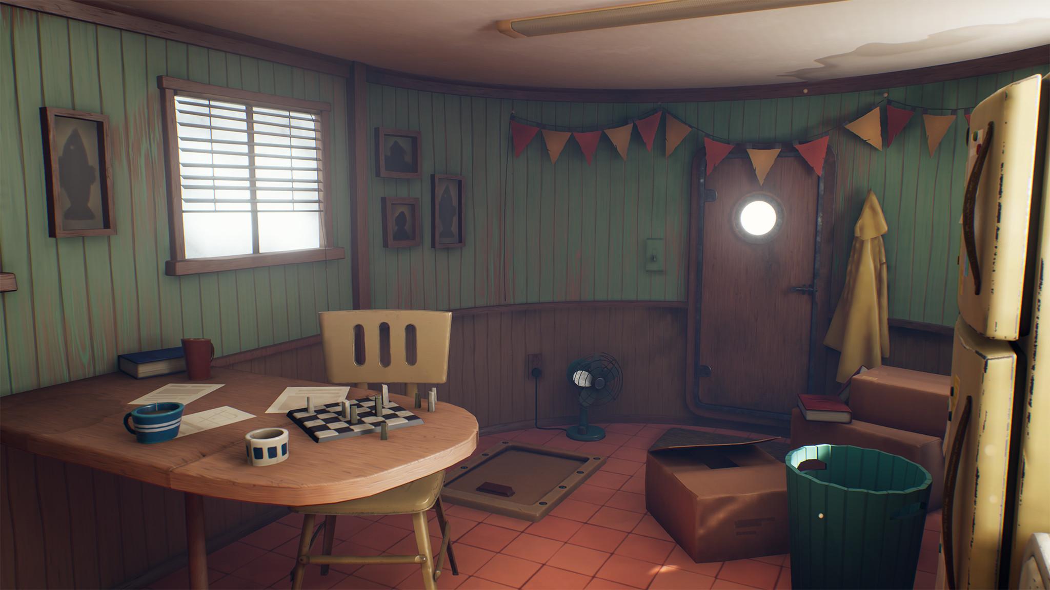 A render of a stylized tugboat interior kitchen